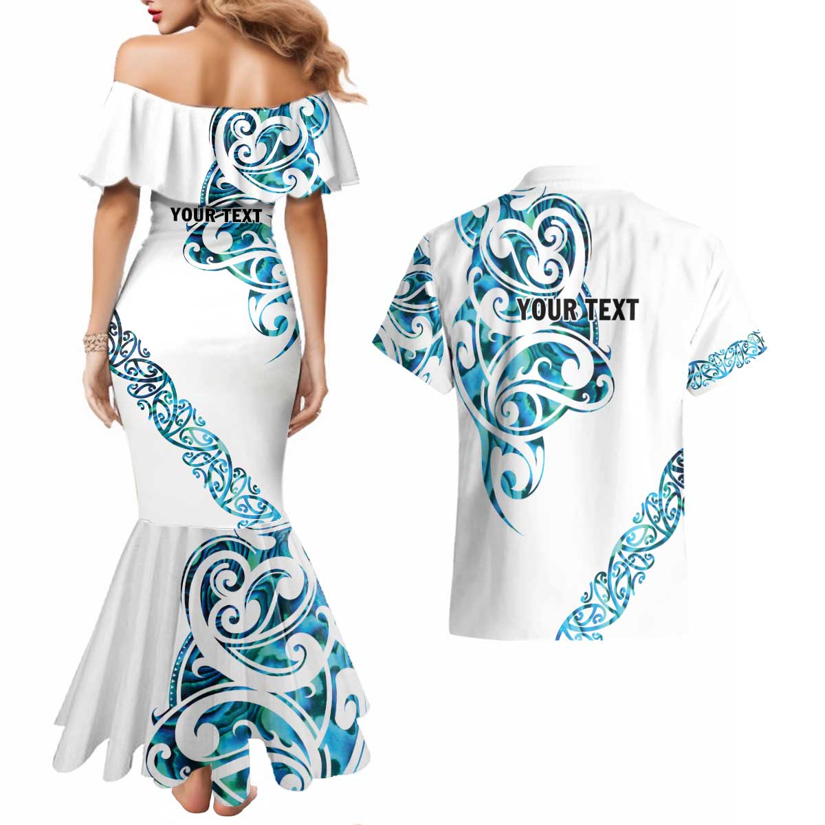 All White Maori Tribal Tattoo Personalised Couples Matching Mermaid Dress and Hawaiian Shirt Polynesian Style