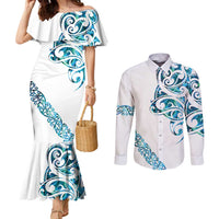 All White Maori Tribal Tattoo Personalised Couples Matching Mermaid Dress and Long Sleeve Button Shirt Polynesian Style