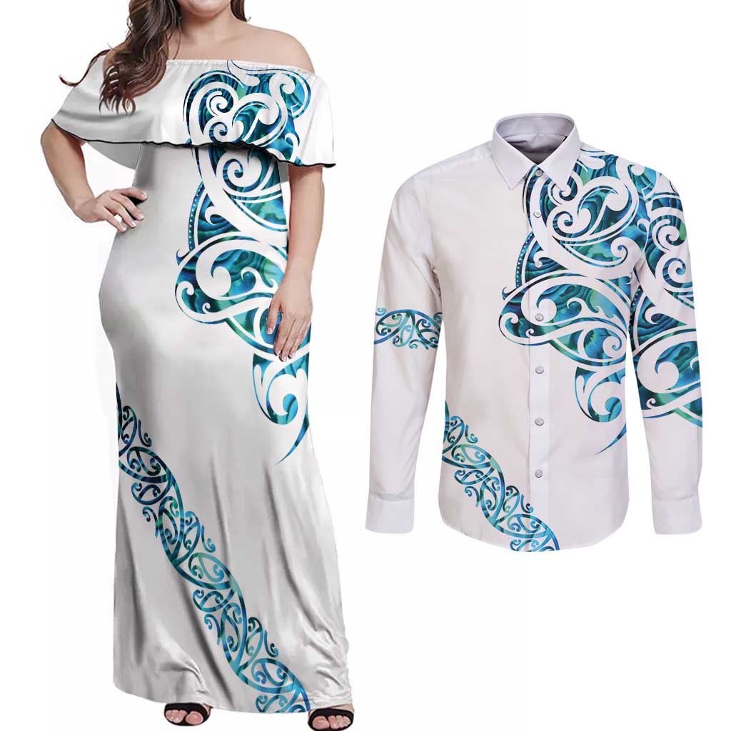 All White Maori Tribal Tattoo Personalised Couples Matching Off Shoulder Maxi Dress and Long Sleeve Button Shirt Polynesian Style