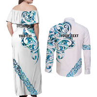 All White Maori Tribal Tattoo Personalised Couples Matching Off Shoulder Maxi Dress and Long Sleeve Button Shirt Polynesian Style