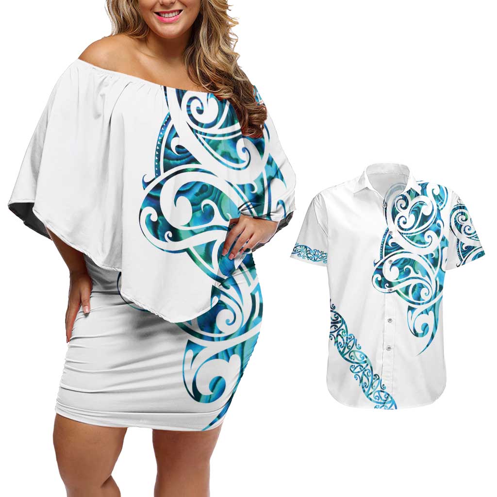 All White Maori Tribal Tattoo Personalised Couples Matching Off Shoulder Short Dress and Hawaiian Shirt Polynesian Style LT9 White - Polynesian Pride