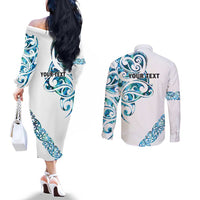 All White Maori Tribal Tattoo Personalised Couples Matching Off The Shoulder Long Sleeve Dress and Long Sleeve Button Shirt Polynesian Style
