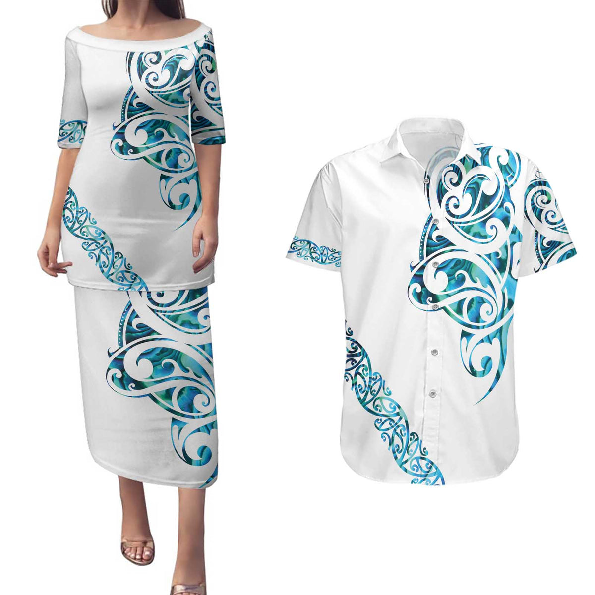 All White Maori Tribal Tattoo Personalised Couples Matching Puletasi and Hawaiian Shirt Polynesian Style