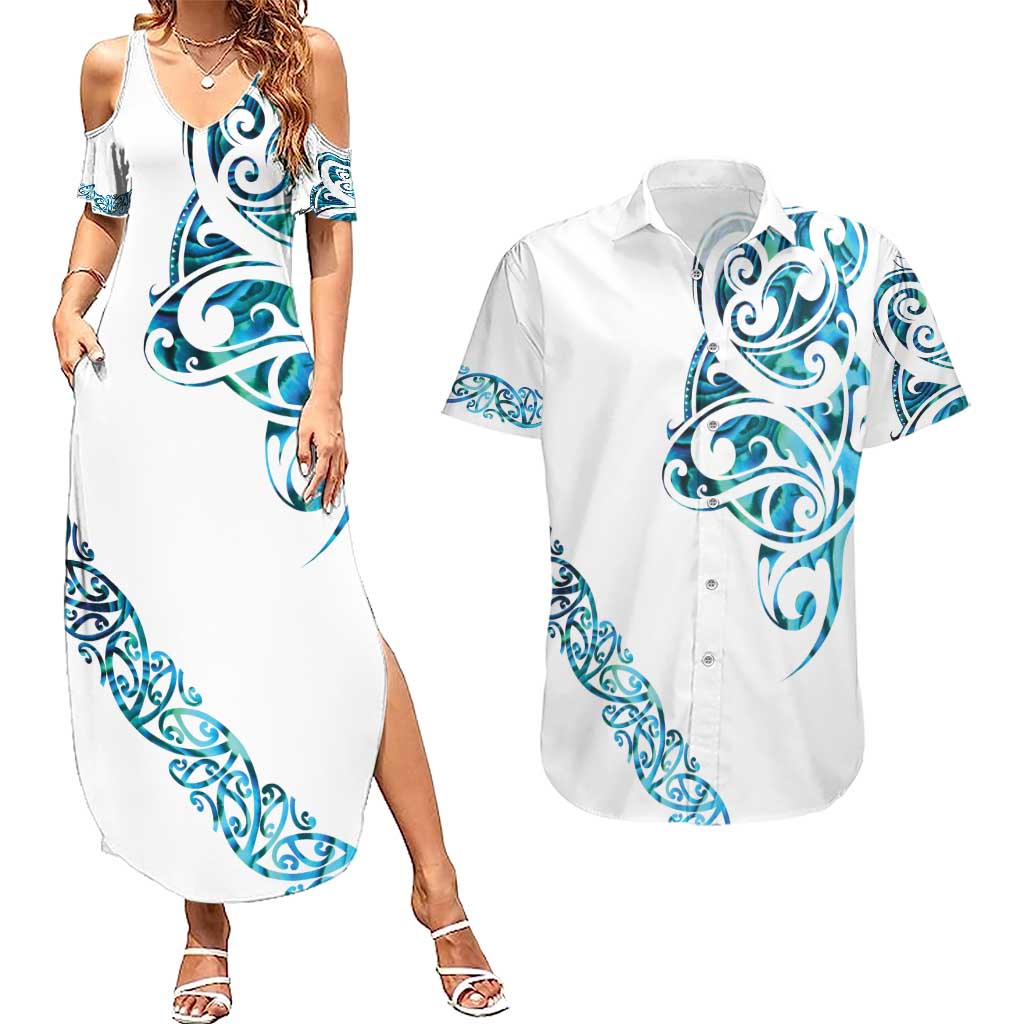 All White Maori Tribal Tattoo Personalised Couples Matching Summer Maxi Dress and Hawaiian Shirt Polynesian Style LT9 White - Polynesian Pride
