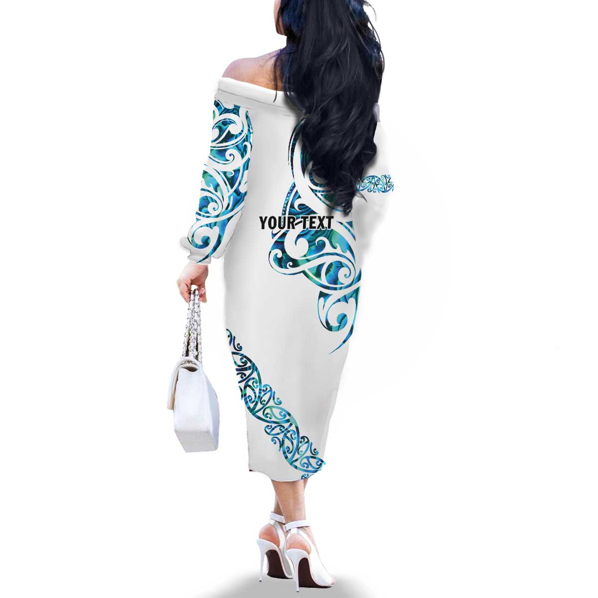 All White Maori Tribal Tattoo Personalised Family Matching Off The Shoulder Long Sleeve Dress and Hawaiian Shirt Polynesian Style