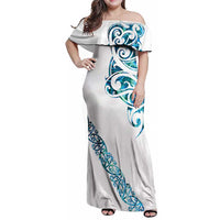 All White Maori Tribal Tattoo Personalised Family Matching Off Shoulder Maxi Dress and Hawaiian Shirt Polynesian Style