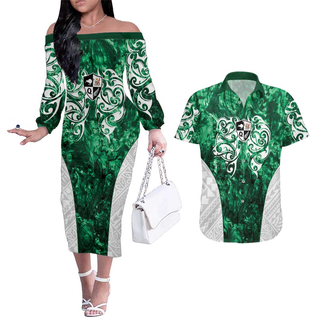 Queensland Maori Kiwi Personalised Couples Matching Off The Shoulder Long Sleeve Dress and Hawaiian Shirt Kikirangi Papua Shell Maori Tribal Tattoo