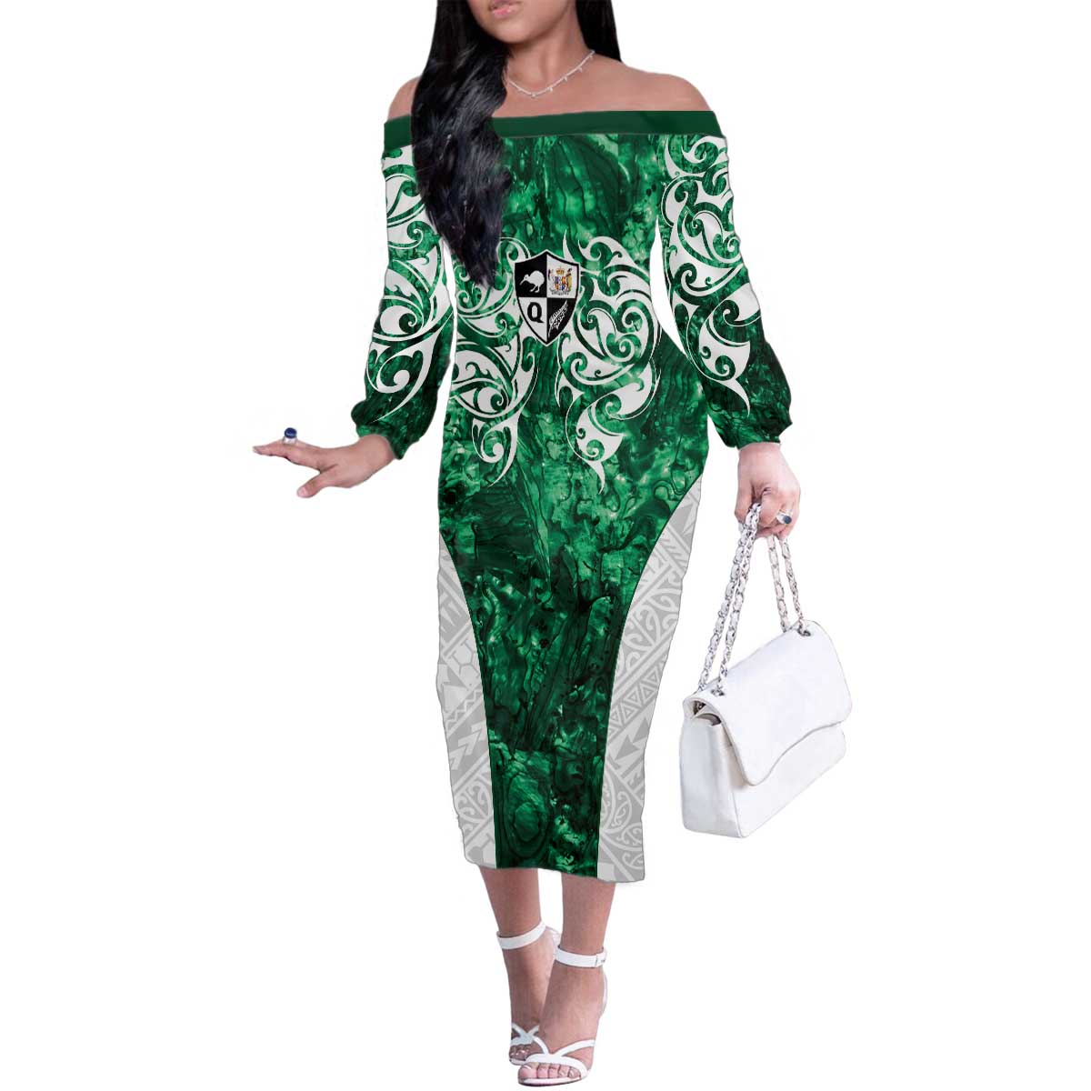 Queensland Maori Kiwi Personalised Family Matching Off The Shoulder Long Sleeve Dress and Hawaiian Shirt Kikirangi Papua Shell Maori Tribal Tattoo