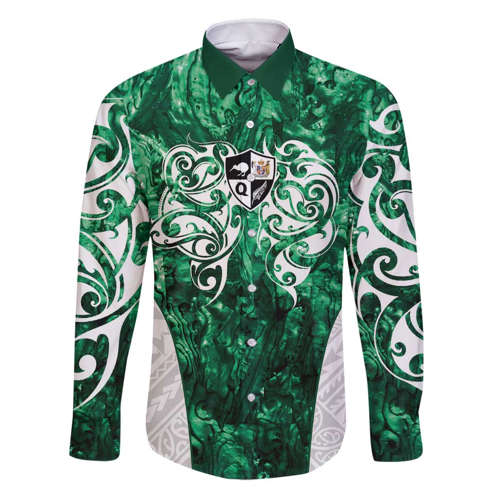 Queensland Maori Kiwi Personalised Family Matching Off Shoulder Short Dress and Hawaiian Shirt Kikirangi Papua Shell Maori Tribal Tattoo LT9 Dad's Shirt - Long Sleeve Green - Polynesian Pride