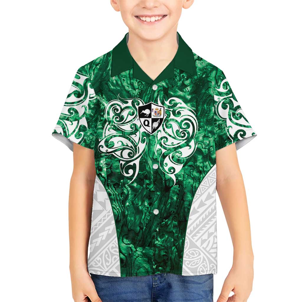Queensland Maori Kiwi Personalised Family Matching Off Shoulder Short Dress and Hawaiian Shirt Kikirangi Papua Shell Maori Tribal Tattoo LT9 Son's Shirt Green - Polynesian Pride