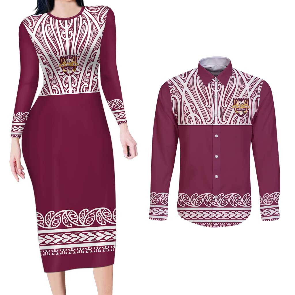 Queensland Maori Nga Hau E Wha Custom Couples Matching Long Sleeve Bodycon Dress and Long Sleeve Button Shirt Polynesian Maori Tribal Pattern