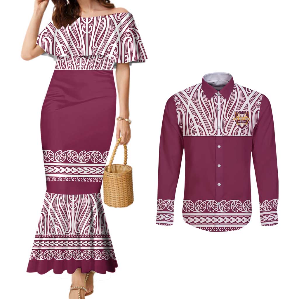 Queensland Maori Nga Hau E Wha Custom Couples Matching Mermaid Dress and Long Sleeve Button Shirt Polynesian Maori Tribal Pattern