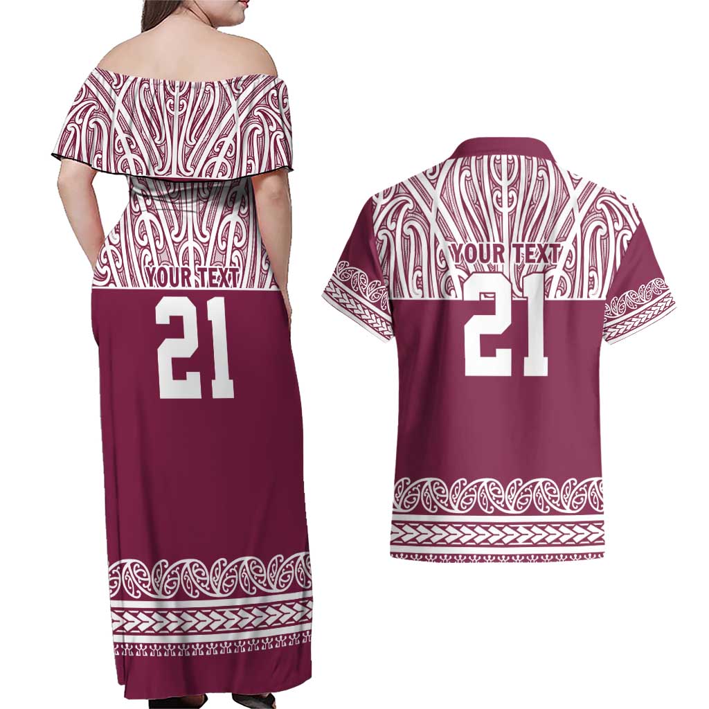 Queensland Maori Nga Hau E Wha Custom Couples Matching Off Shoulder Maxi Dress and Hawaiian Shirt Polynesian Maori Tribal Pattern