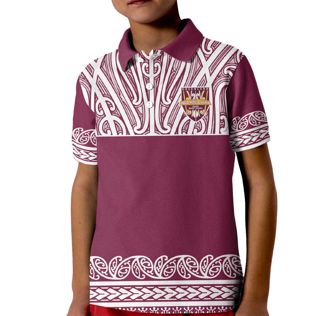 Queensland Maori Nga Hau E Wha Custom Kid Polo Shirt Polynesian Maori Tribal Pattern LT9 Kid Maroon - Polynesian Pride