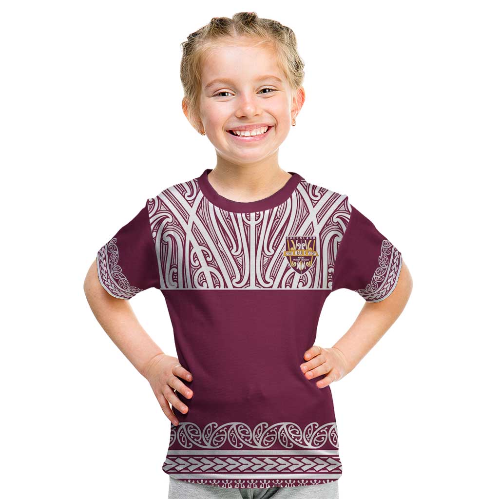 Queensland Maori Nga Hau E Wha Custom Kid T Shirt Polynesian Maori Tribal Pattern LT9 Maroon - Polynesian Pride