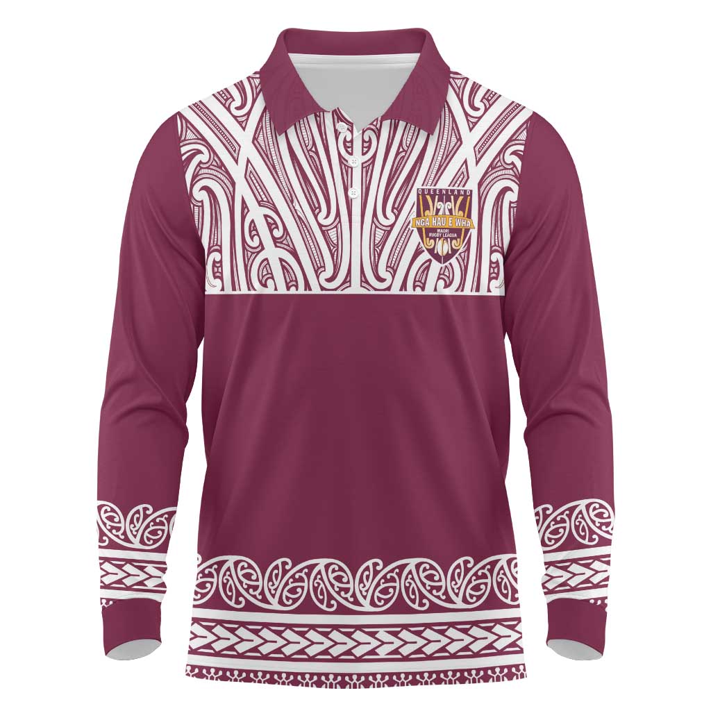 Queensland Maori Nga Hau E Wha Custom Long Sleeve Polo Shirt Polynesian Maori Tribal Pattern LT9 Maroon - Polynesian Pride