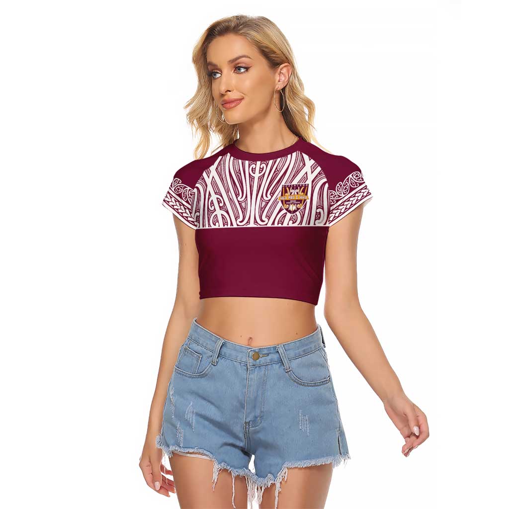 Queensland Maori Nga Hau E Wha Custom Raglan Cropped T Shirt Polynesian Maori Tribal Pattern LT9 Female Maroon - Polynesian Pride