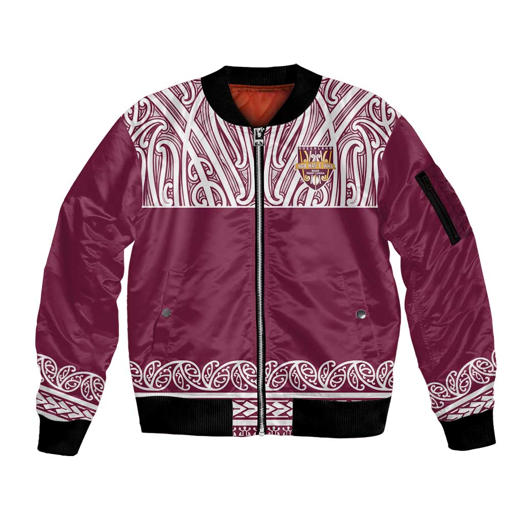 Queensland Maori Nga Hau E Wha Custom Sleeve Zip Bomber Jacket Polynesian Maori Tribal Pattern LT9 Unisex Maroon - Polynesian Pride