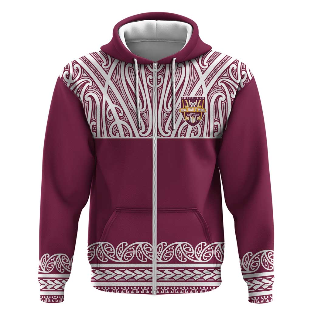 Queensland Maori Nga Hau E Wha Custom Zip Hoodie Polynesian Maori Tribal Pattern LT9 Zip Hoodie Maroon - Polynesian Pride