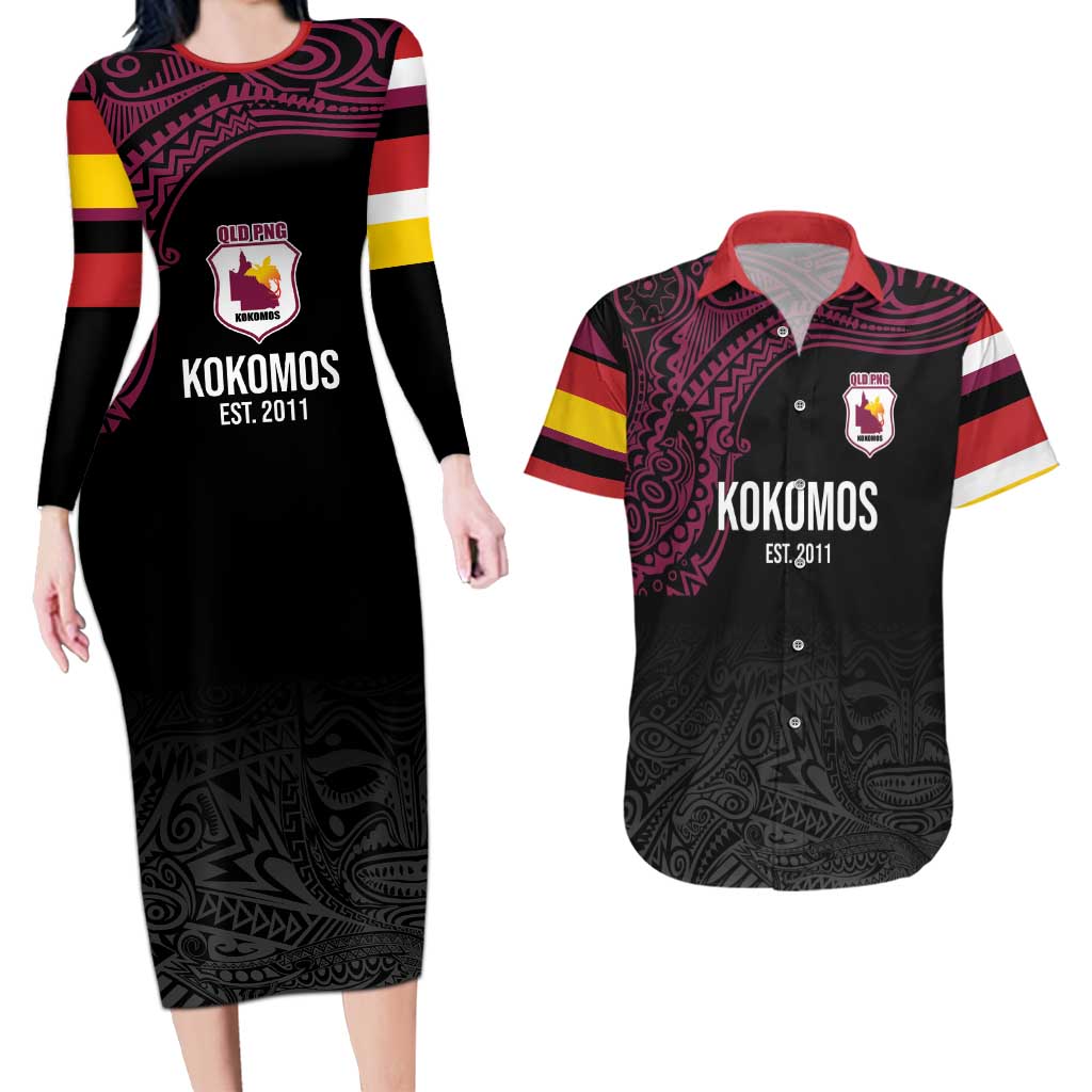 Queensland Papua New Guinea Custom Couples Matching Long Sleeve Bodycon Dress and Hawaiian Shirt All Black Pacific PNG Tribal Style