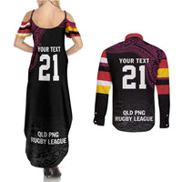 Queensland Papua New Guinea Custom Couples Matching Summer Maxi Dress and Long Sleeve Button Shirt All Black Pacific PNG Tribal Style