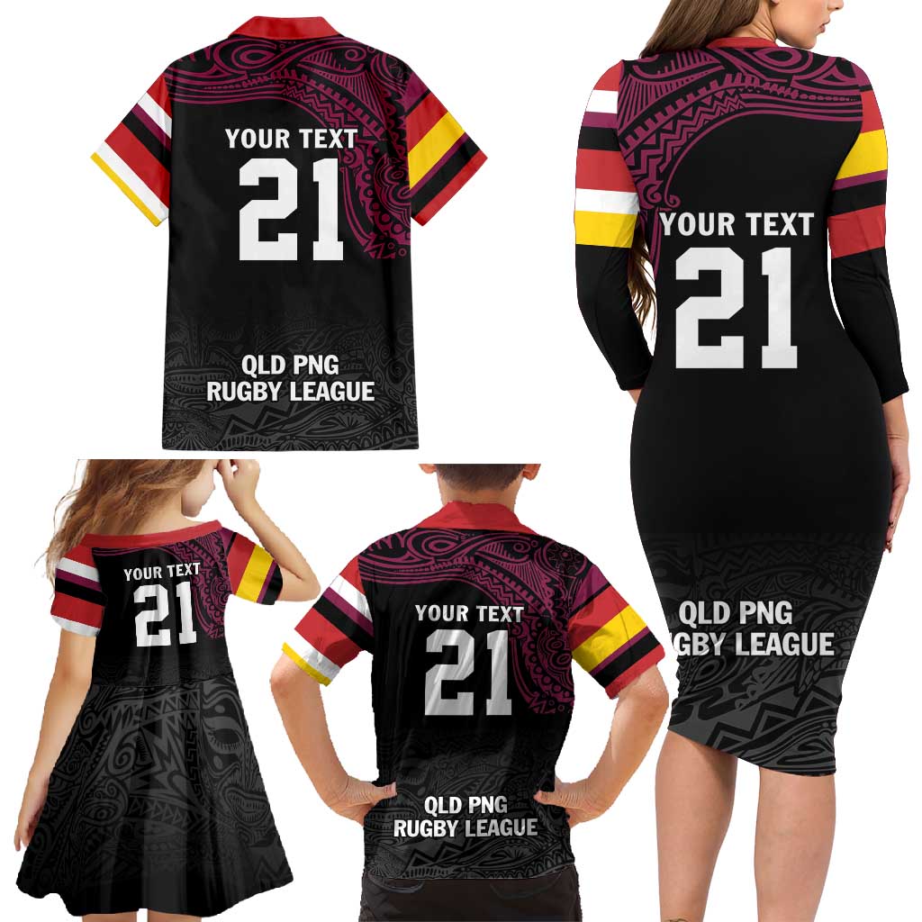 Queensland Papua New Guinea Custom Family Matching Long Sleeve Bodycon Dress and Hawaiian Shirt All Black Pacific PNG Tribal Style