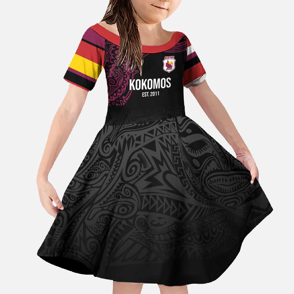 Queensland Papua New Guinea Custom Family Matching Off The Shoulder Long Sleeve Dress and Hawaiian Shirt All Black Pacific PNG Tribal Style LT9 Daughter's Dress Black - Polynesian Pride