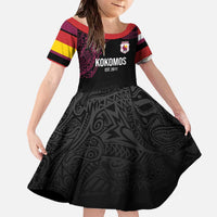 Queensland Papua New Guinea Custom Family Matching Off The Shoulder Long Sleeve Dress and Hawaiian Shirt All Black Pacific PNG Tribal Style LT9 Daughter's Dress Black - Polynesian Pride