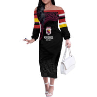 Queensland Papua New Guinea Custom Family Matching Off The Shoulder Long Sleeve Dress and Hawaiian Shirt All Black Pacific PNG Tribal Style LT9 Mom's Dress Black - Polynesian Pride