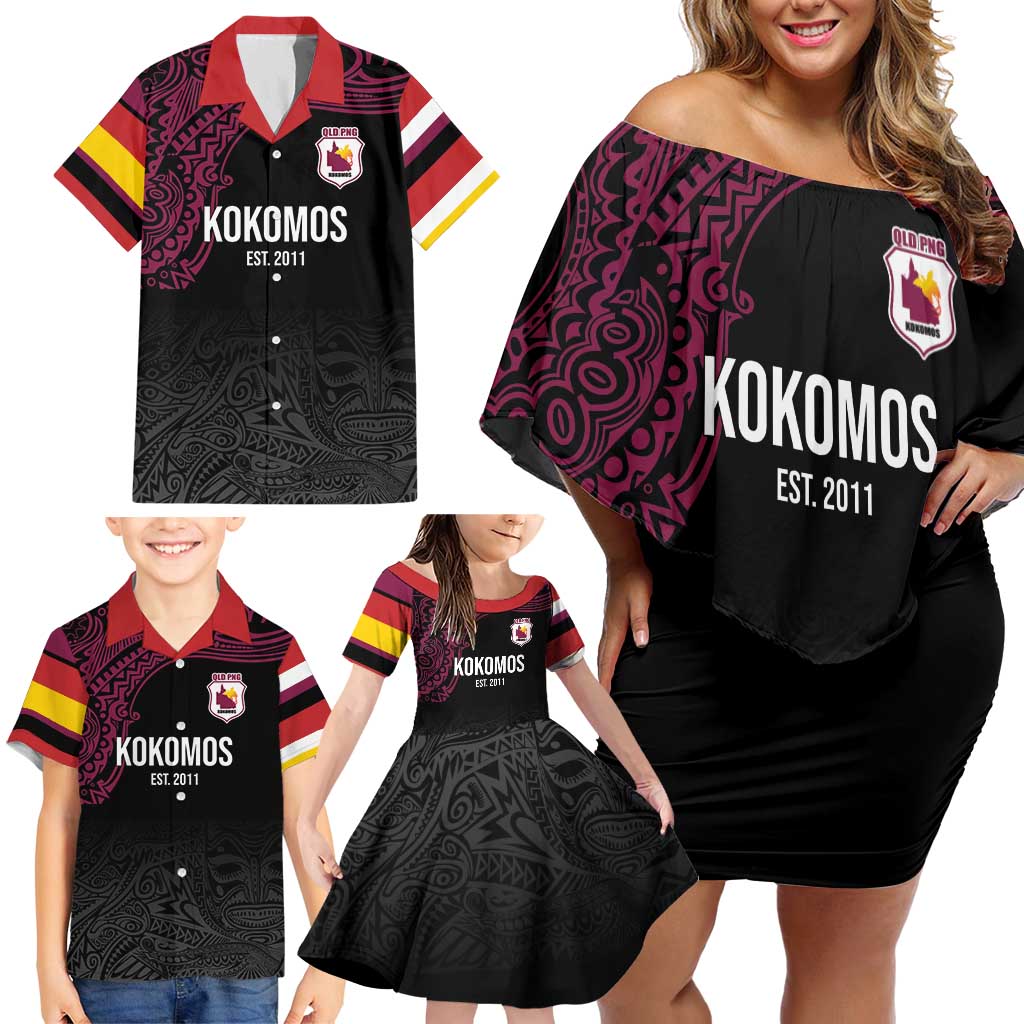 Queensland Papua New Guinea Custom Family Matching Off Shoulder Short Dress and Hawaiian Shirt All Black Pacific PNG Tribal Style