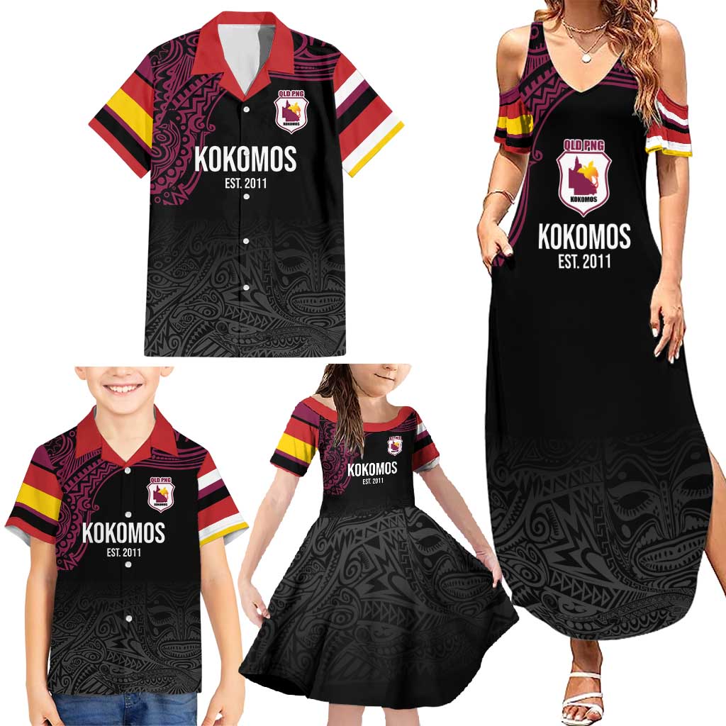 Queensland Papua New Guinea Custom Family Matching Summer Maxi Dress and Hawaiian Shirt All Black Pacific PNG Tribal Style