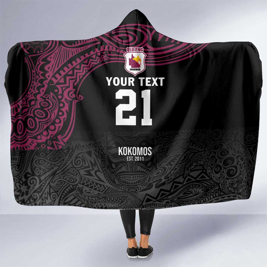 Queensland Papua New Guinea Custom Hooded Blanket All Black Pacific PNG Tribal Style