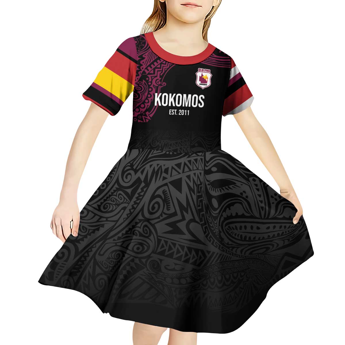 Queensland Papua New Guinea Custom Kid Short Sleeve Dress All Black Pacific PNG Tribal Style