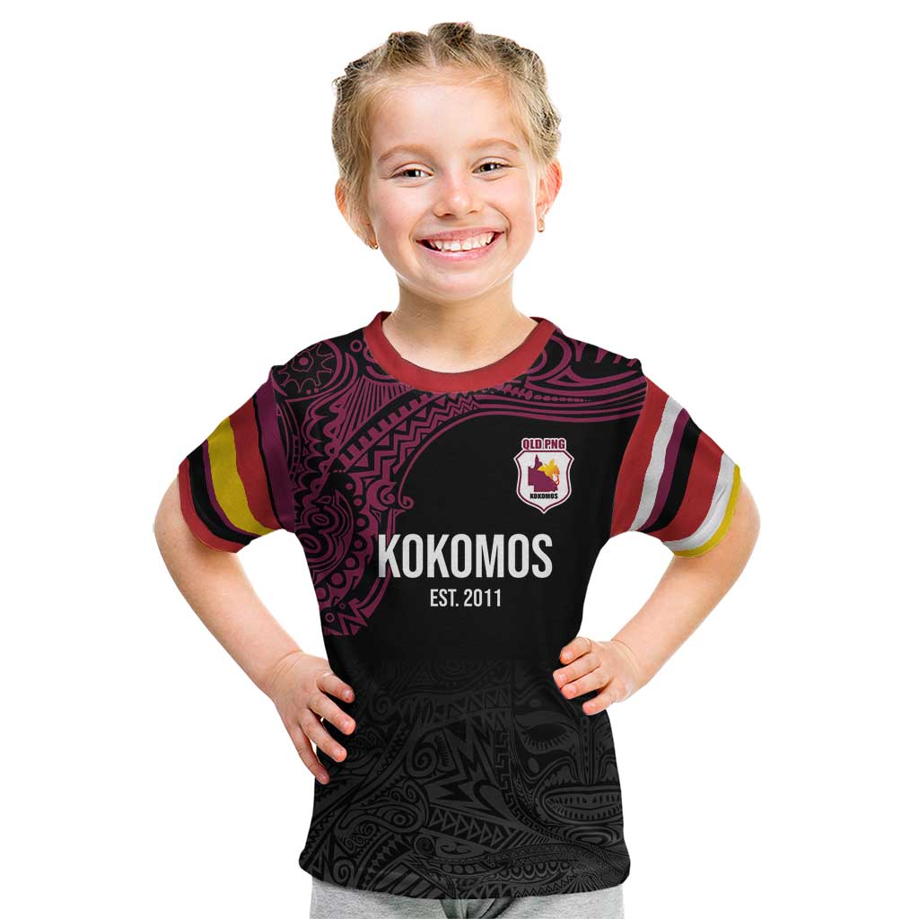 Queensland Papua New Guinea Custom Kid T Shirt All Black Pacific PNG Tribal Style