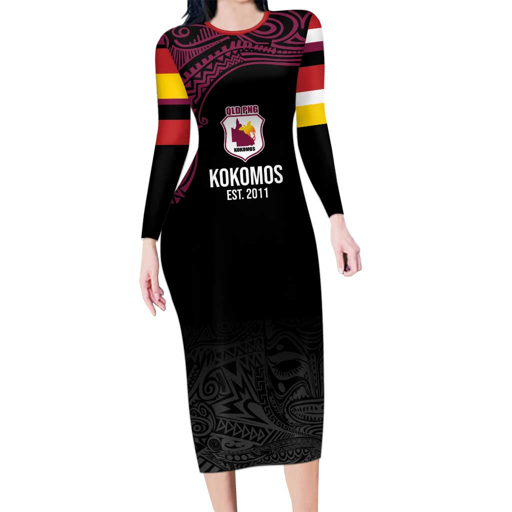 Queensland Papua New Guinea Custom Long Sleeve Bodycon Dress All Black Pacific PNG Tribal Style
