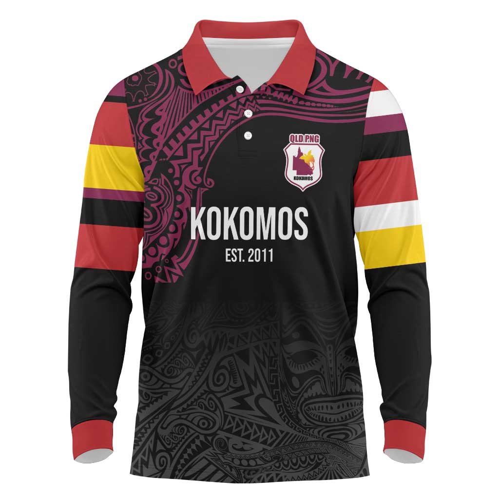Queensland Papua New Guinea Custom Long Sleeve Polo Shirt All Black Pacific PNG Tribal Style