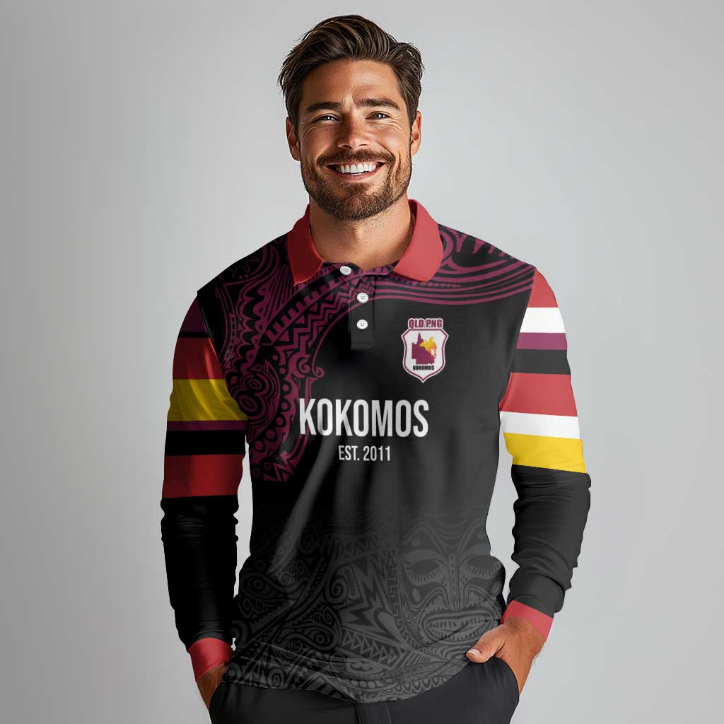 Queensland Papua New Guinea Custom Long Sleeve Polo Shirt All Black Pacific PNG Tribal Style