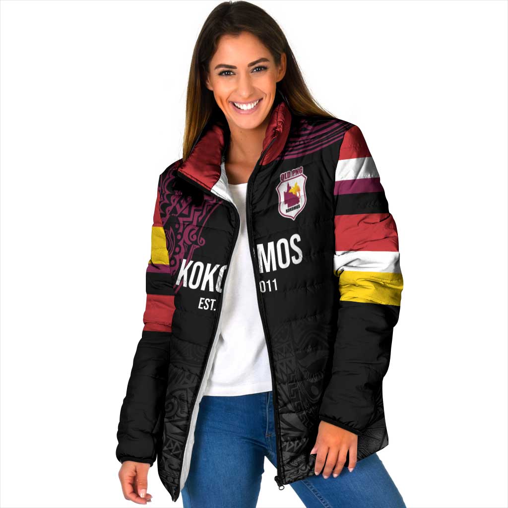 Queensland Papua New Guinea Custom Padded Jacket All Black Pacific PNG Tribal Style LT9 Women Black - Polynesian Pride