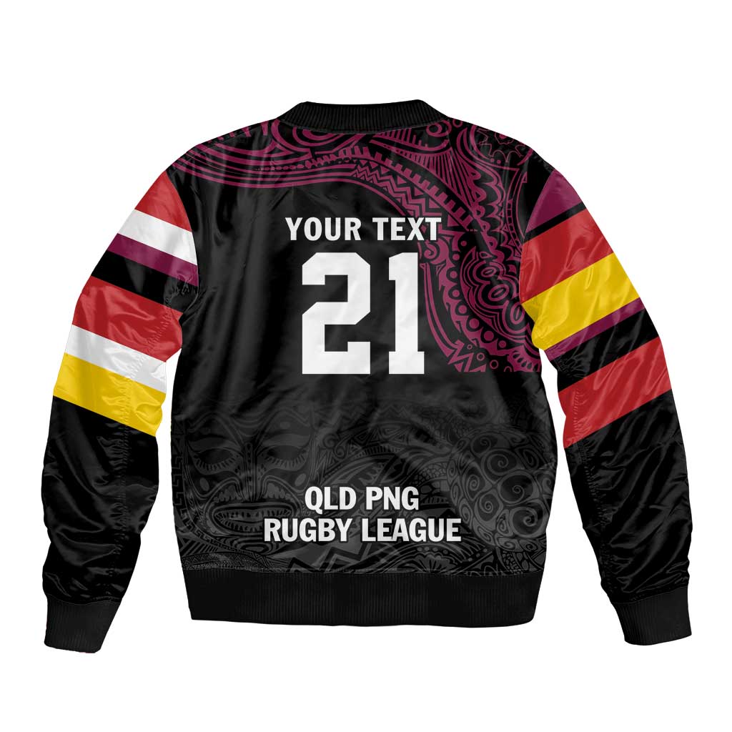 Queensland Papua New Guinea Custom Sleeve Zip Bomber Jacket All Black Pacific PNG Tribal Style LT9 - Polynesian Pride
