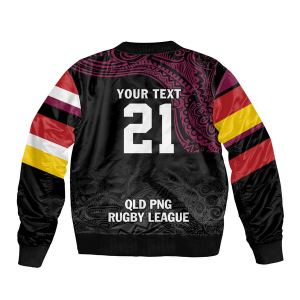 Personalised Papua New Guinea Rugby Sleeve Zip Bomber Jacket PNG Hunters Polynesian Black LT14