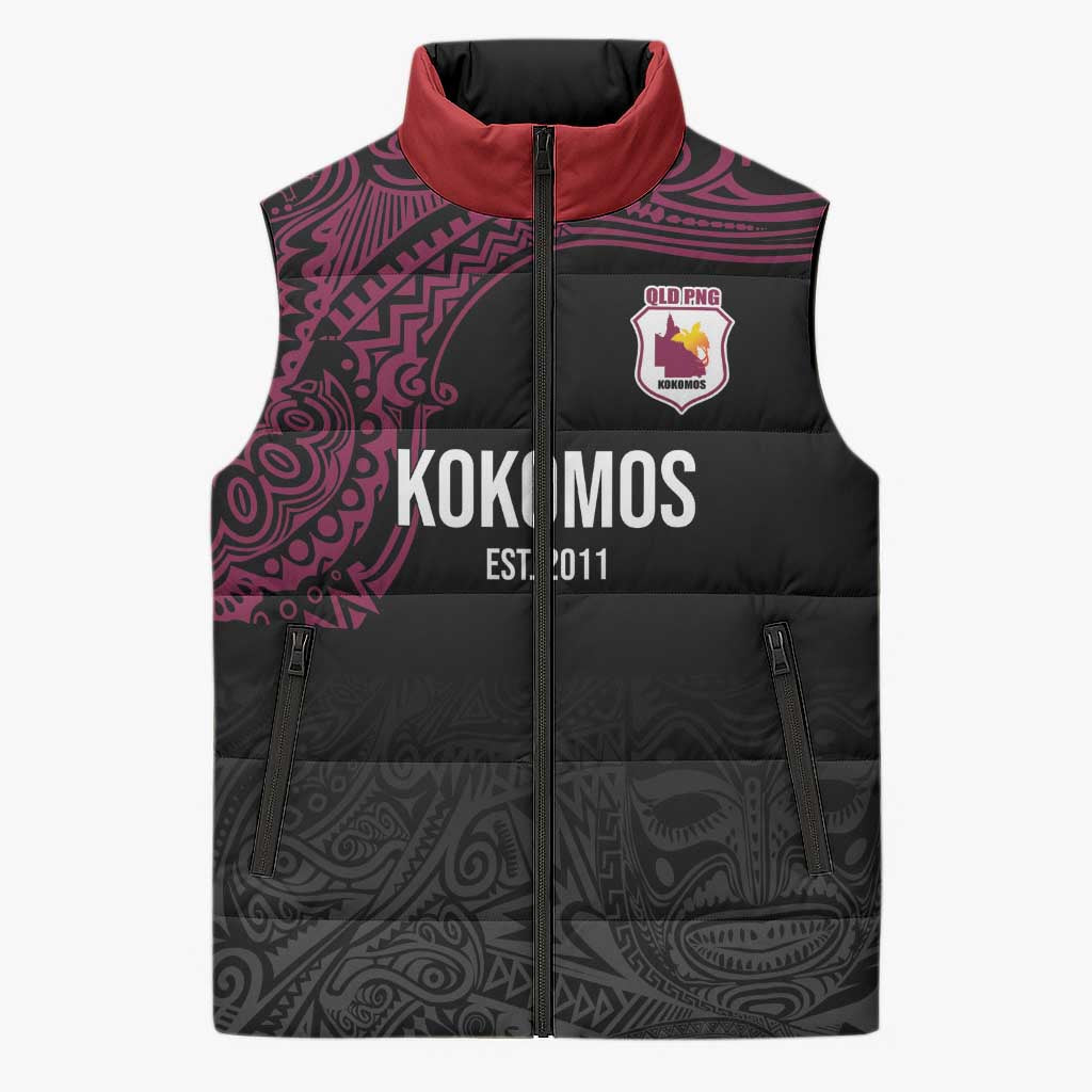 Queensland Papua New Guinea Custom Sleeveless Puffer Jacket All Black Pacific PNG Tribal Style - Polynesian Pride