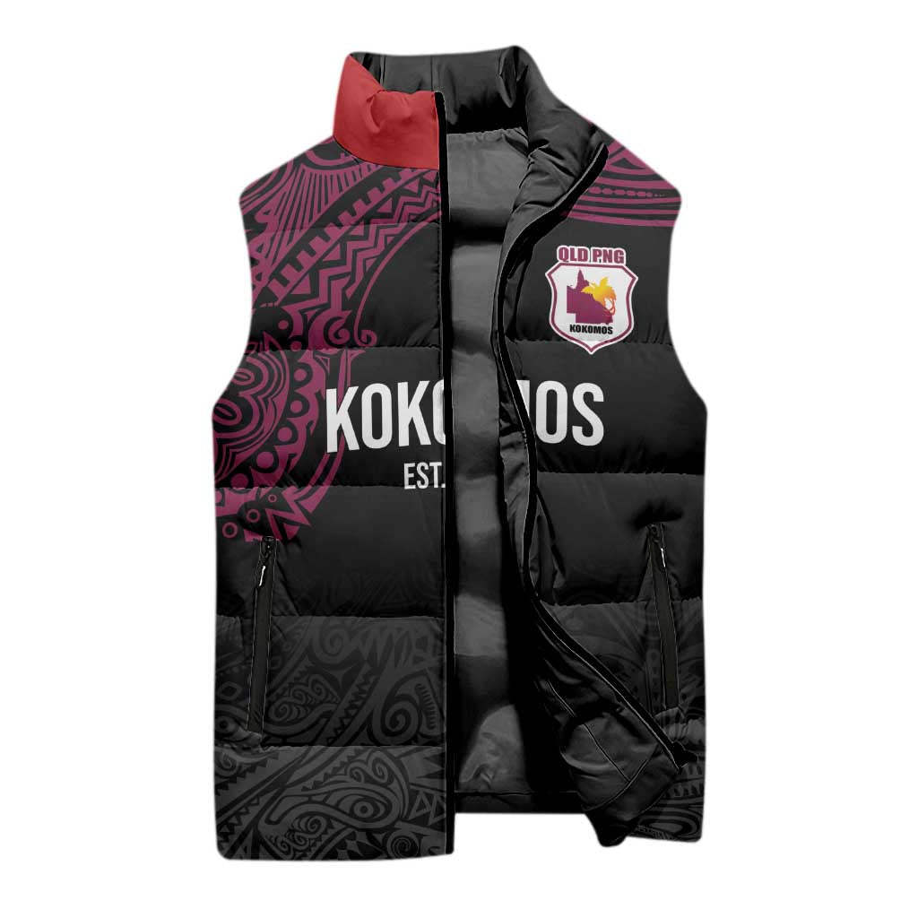 Queensland Papua New Guinea Custom Sleeveless Puffer Jacket All Black Pacific PNG Tribal Style - Polynesian Pride