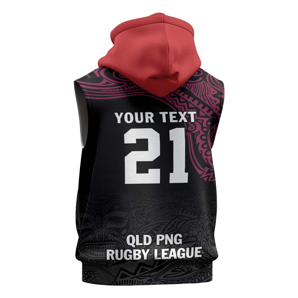 Queensland Papua New Guinea Custom Sleeveless Zip Hoodie All Black Pacific PNG Tribal Style - Polynesian Pride