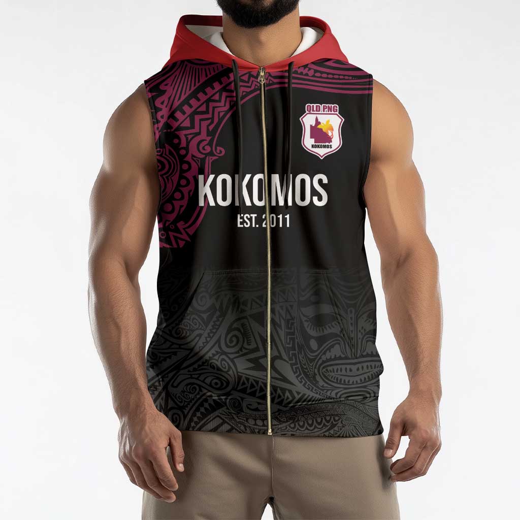 Queensland Papua New Guinea Custom Sleeveless Zip Hoodie All Black Pacific PNG Tribal Style - Polynesian Pride