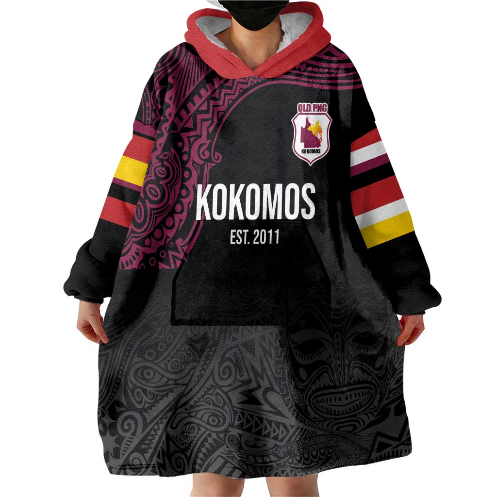 Queensland Papua New Guinea Custom Wearable Blanket Hoodie All Black Pacific PNG Tribal Style