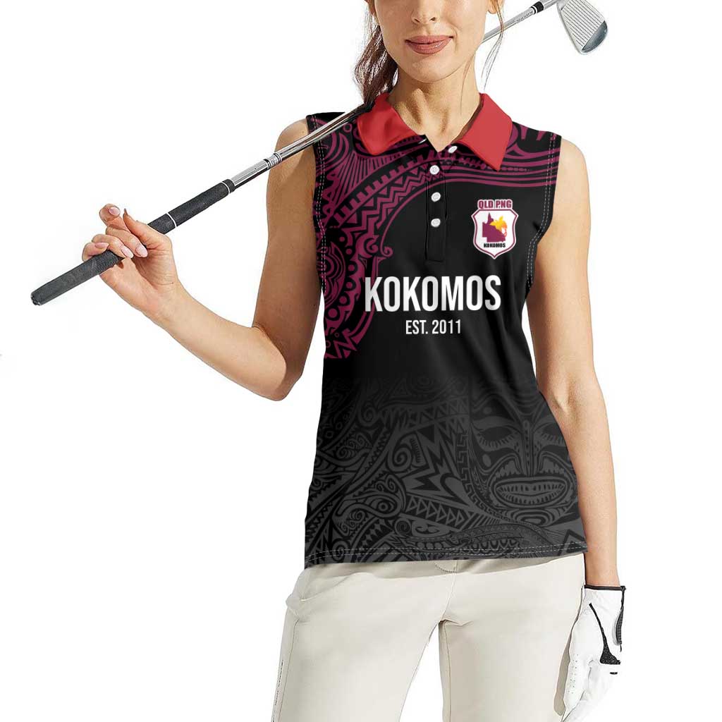 Queensland Papua New Guinea Custom Women Sleeveless Polo Shirt All Black Pacific PNG Tribal Style