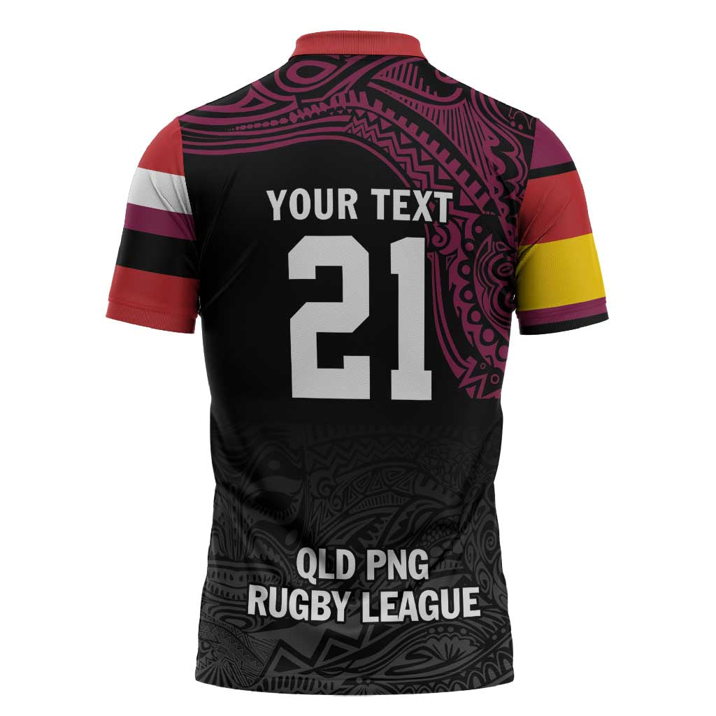 Queensland Papua New Guinea Custom Zipper Polo Shirt All Black Pacific PNG Tribal Style - Polynesian Pride