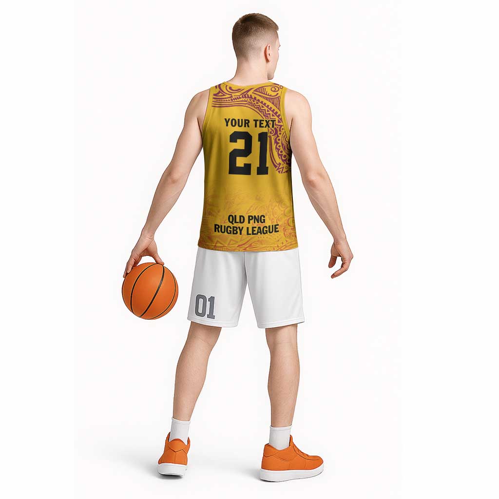 Queensland Papua New Guinea Custom Basketball Jersey All Gold Pacific PNG Tribal Style - Polynesian Pride