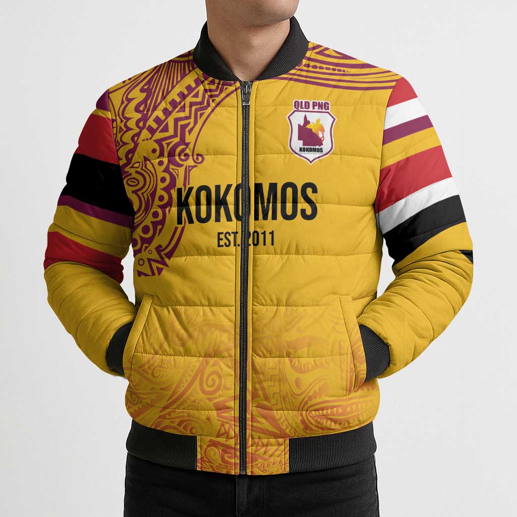 Queensland Papua New Guinea Custom Bomber Puffer Jacket All Gold Pacific PNG Tribal Style - Polynesian Pride