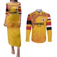 Queensland Papua New Guinea Custom Couples Matching Puletasi and Long Sleeve Button Shirt All Gold Pacific PNG Tribal Style